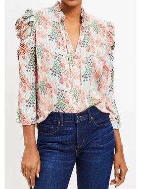 NWT Loft Floral Polyester top, Ruchet Sleeves - Size L